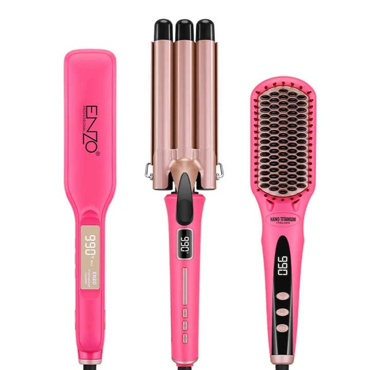 ست فرکننده اتو و حالت دهنده ی مو و برس حرارتی انزو پروفیشینال مدل EN_3956B